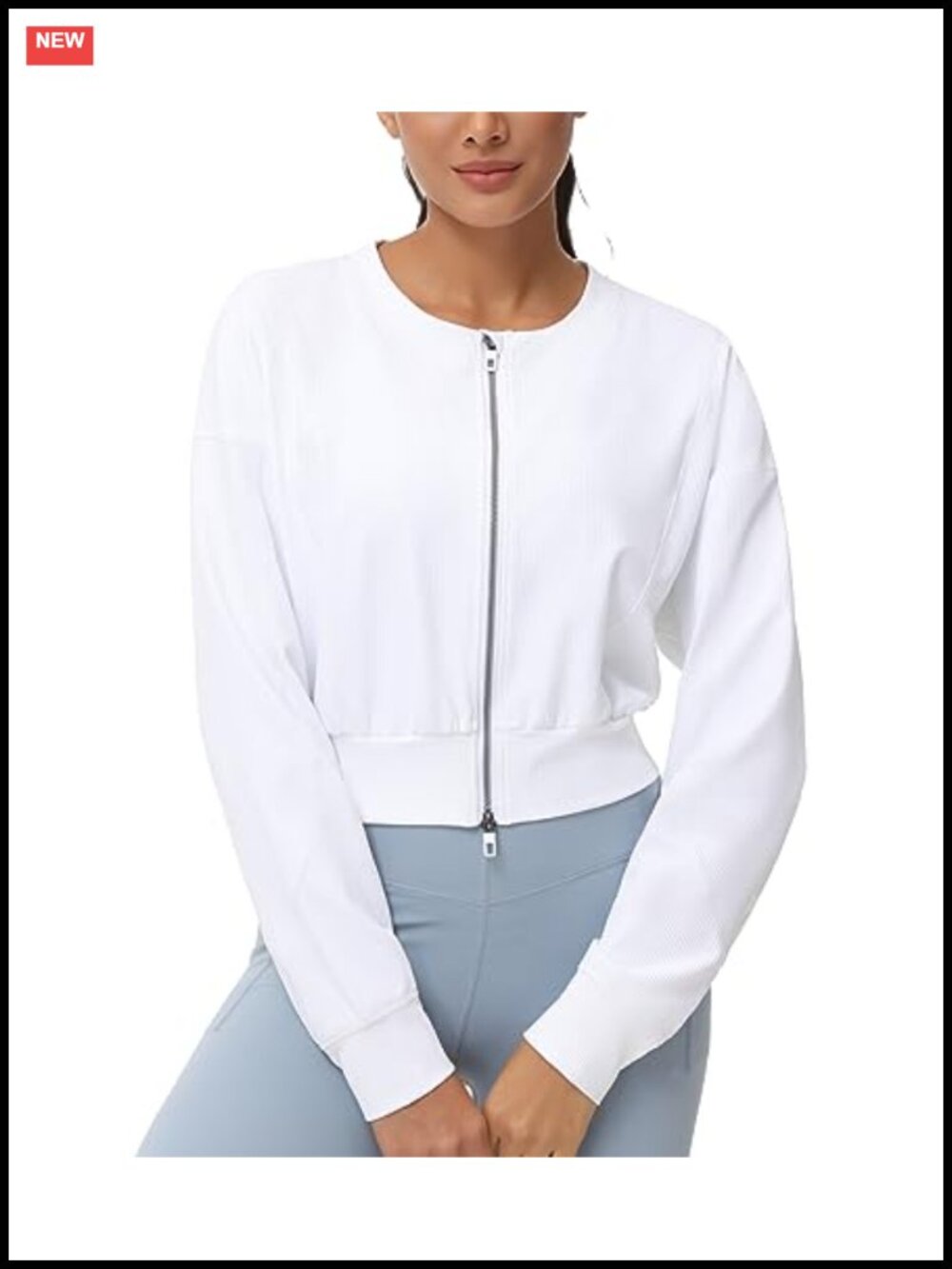 Full Zip Cropped Gym Jacket Ribbed Workout Top - Picture 3 of 6